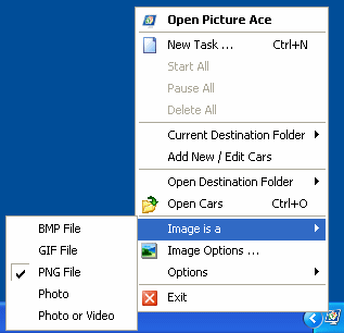 Choosing an image type using the Picture Ace tray icon